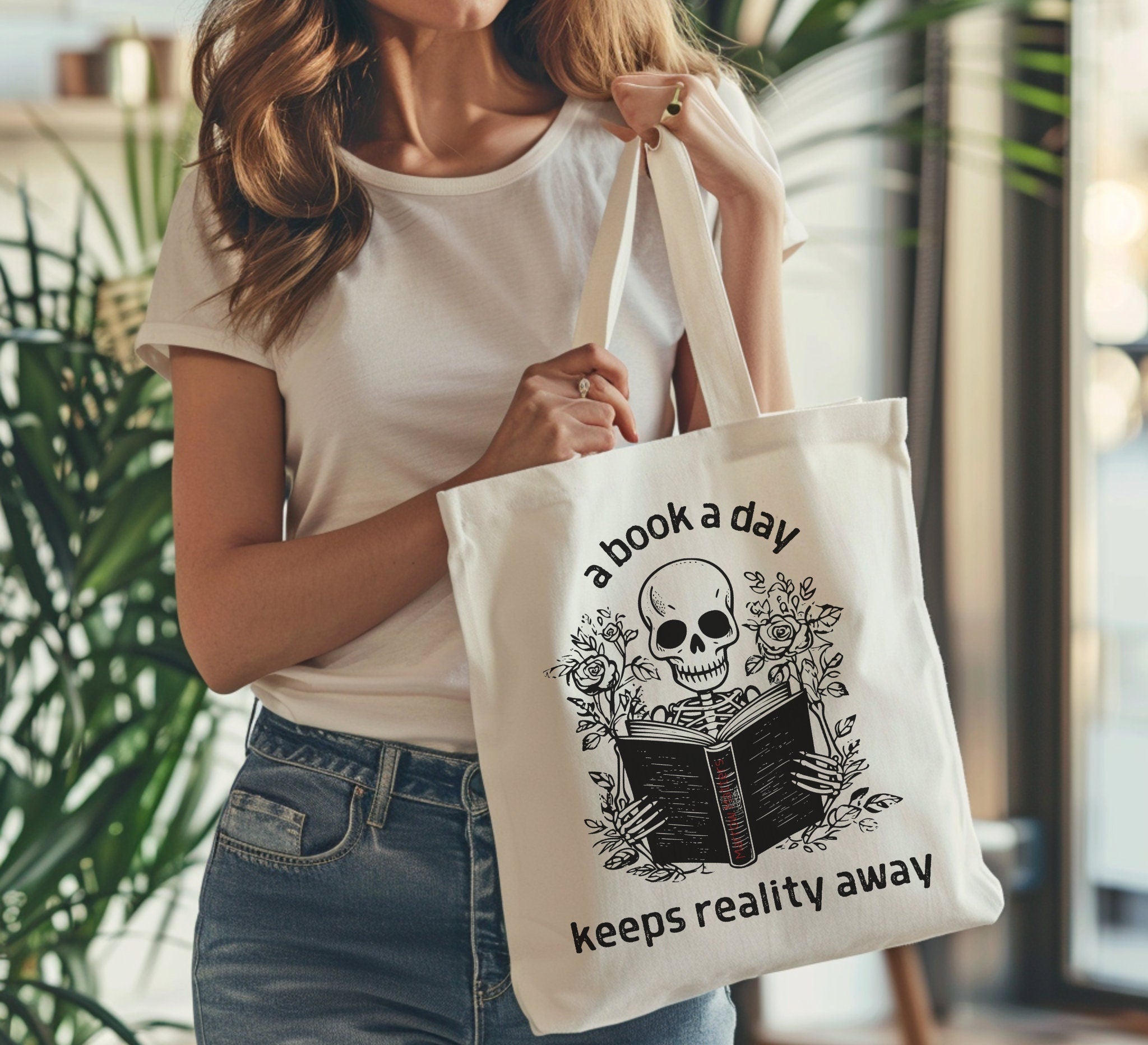 A Book A Day Keeps Reality Away Tote Bag Minkas Motifs